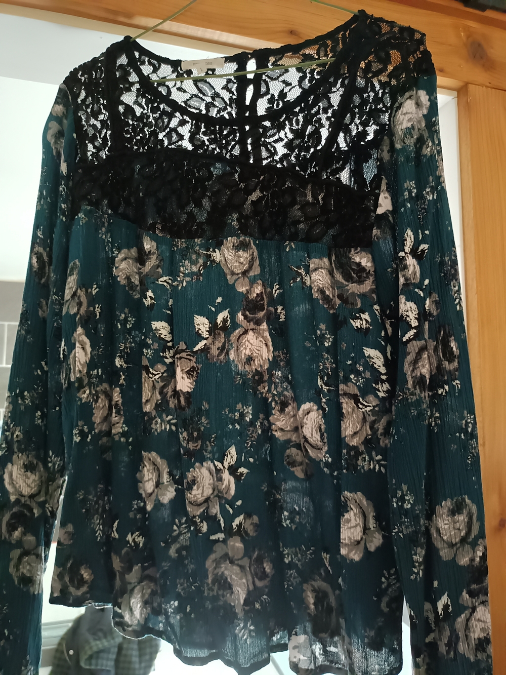 Maurices Teal Floral Long-Sleeve Top with Black Lace Yoke